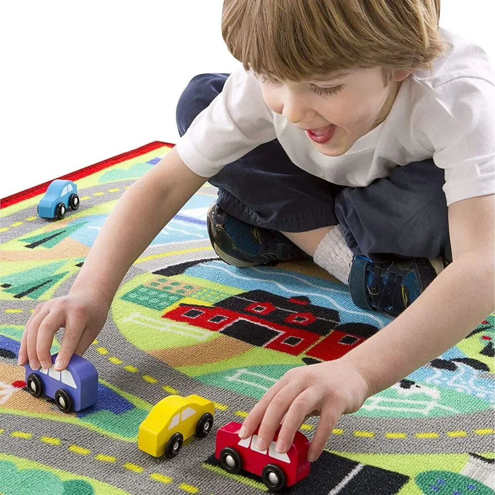 Melissa & Doug Round the Town Road Activity Rug w/ 4 Wood Cars 39x36